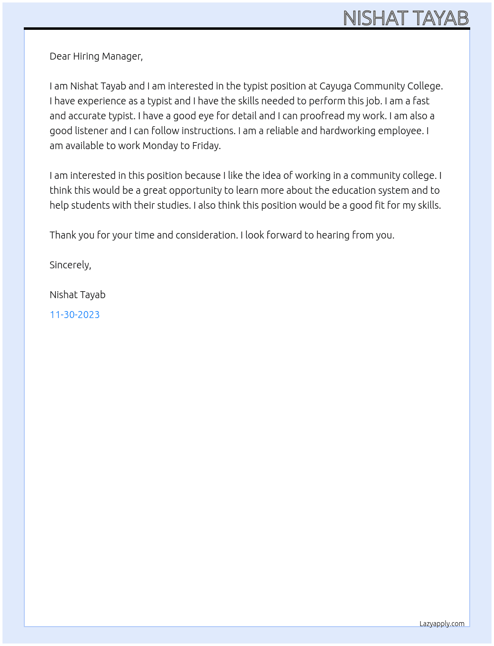 Typist At Cayuga Community College Cover Letter