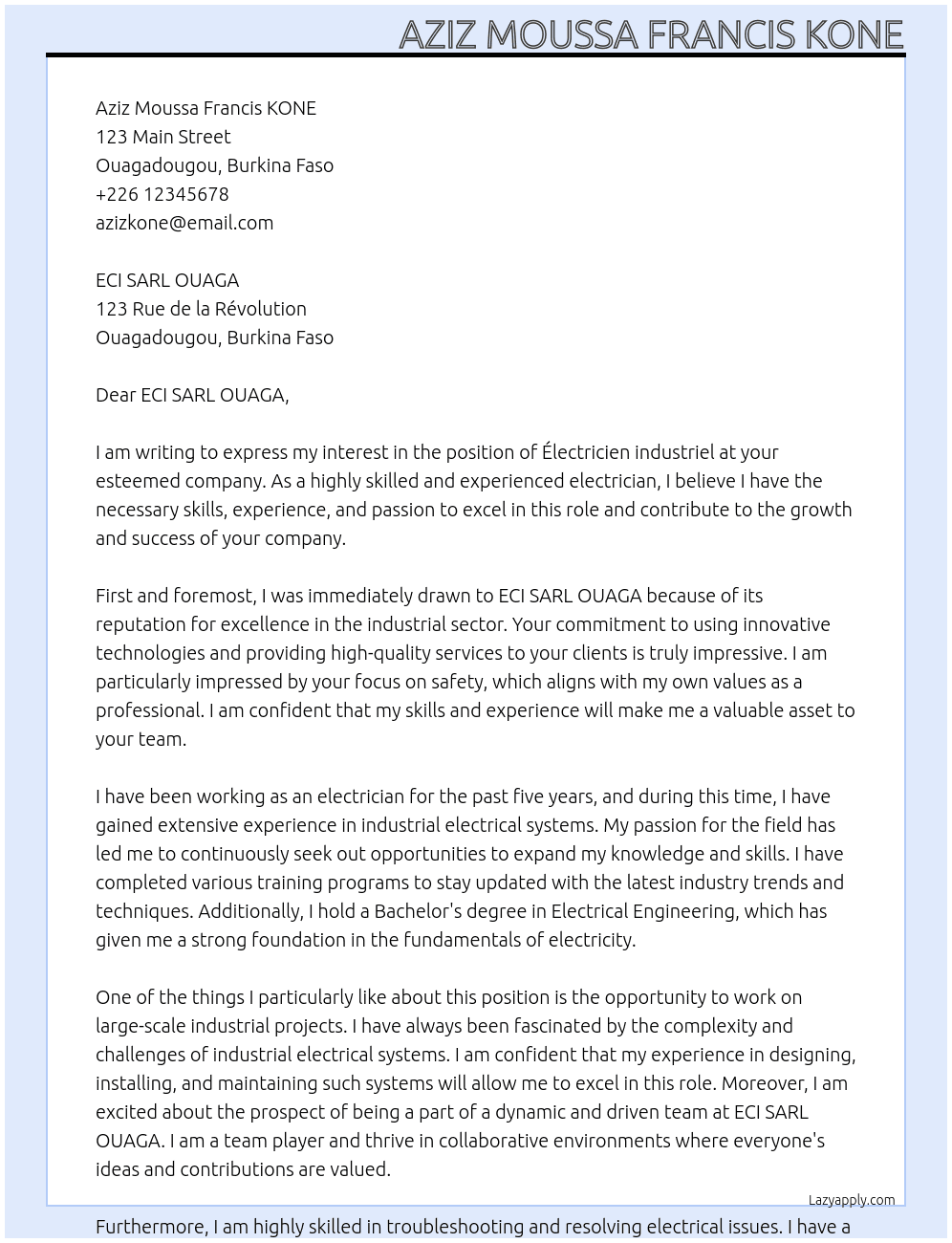 Électricien industriel  At Aziz Moussa Francis KONE Cover Letter