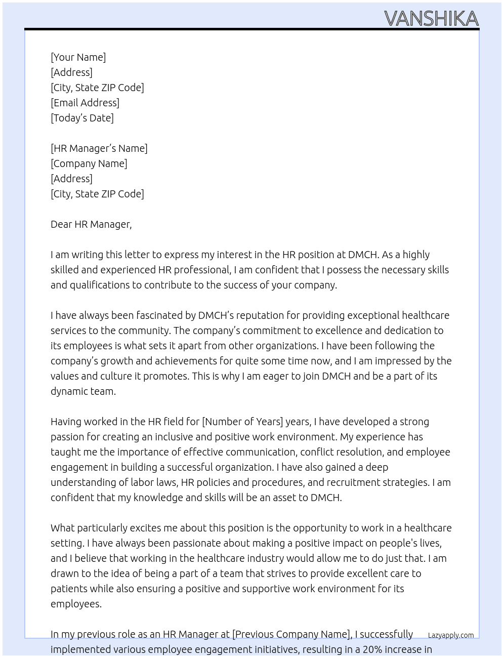 HR At DMCH Cover Letter