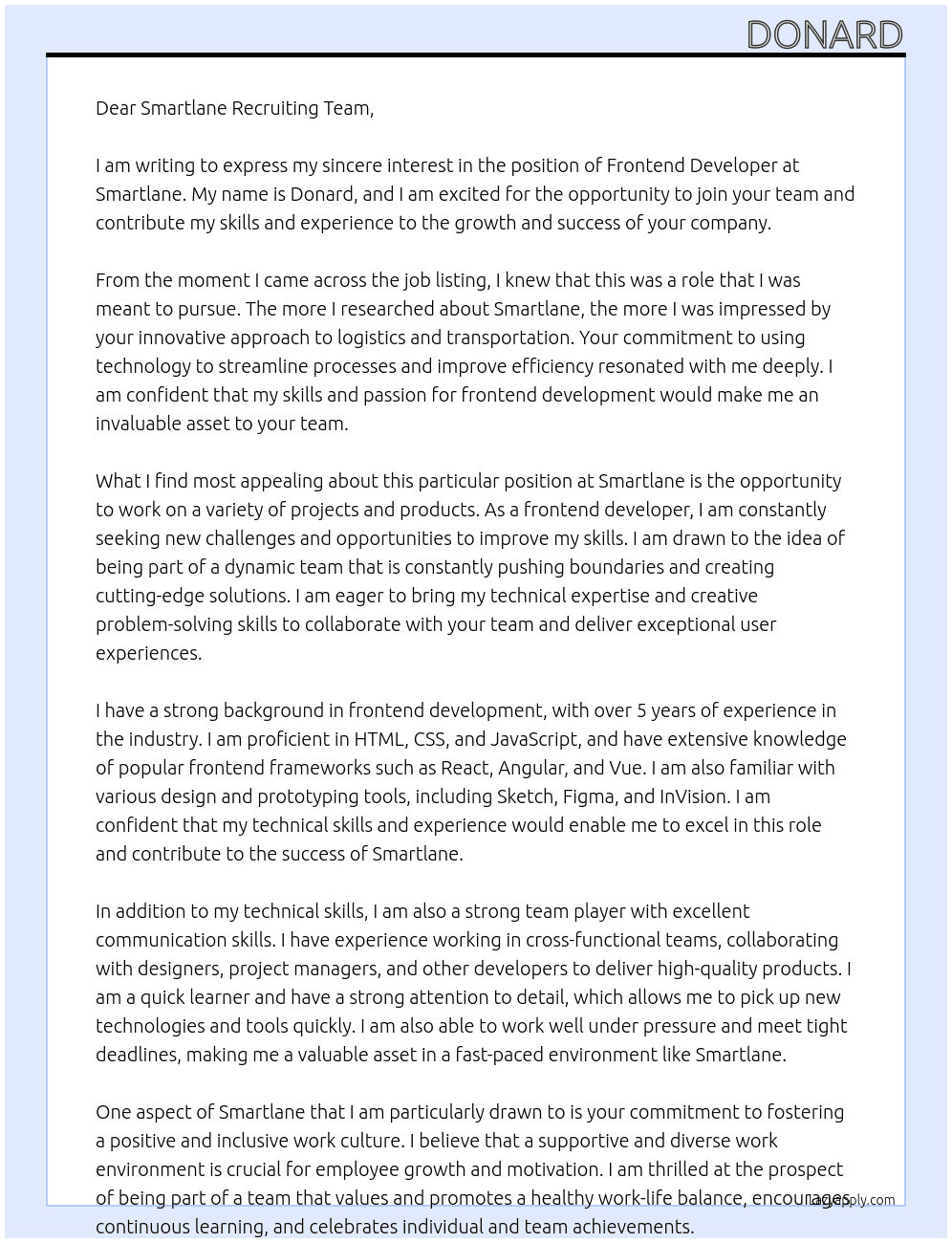 Frontend Developer At Smartlane Cover Letter