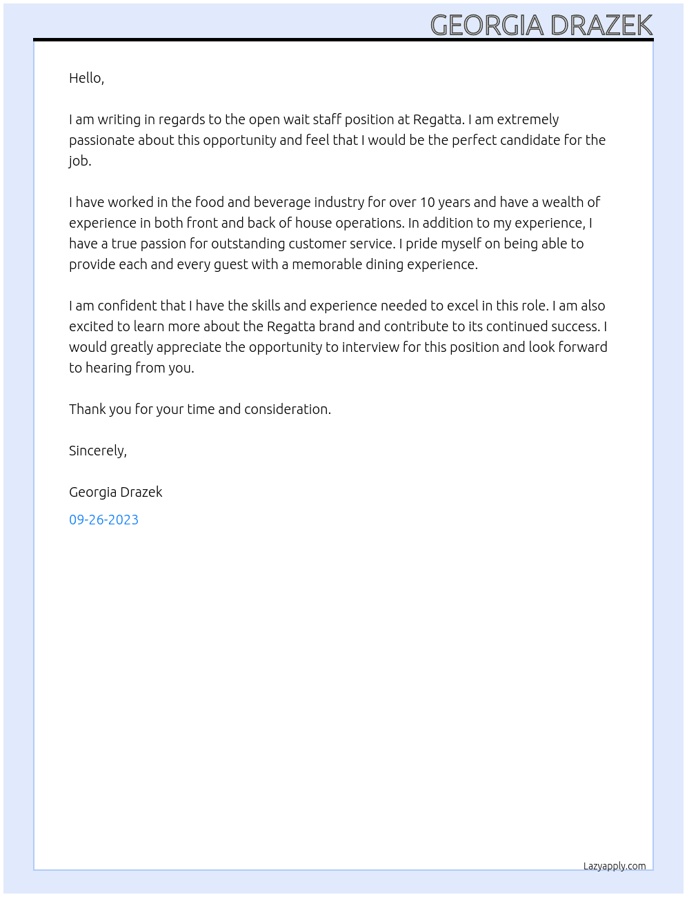 Wait Staff At Regatta Cover Letter