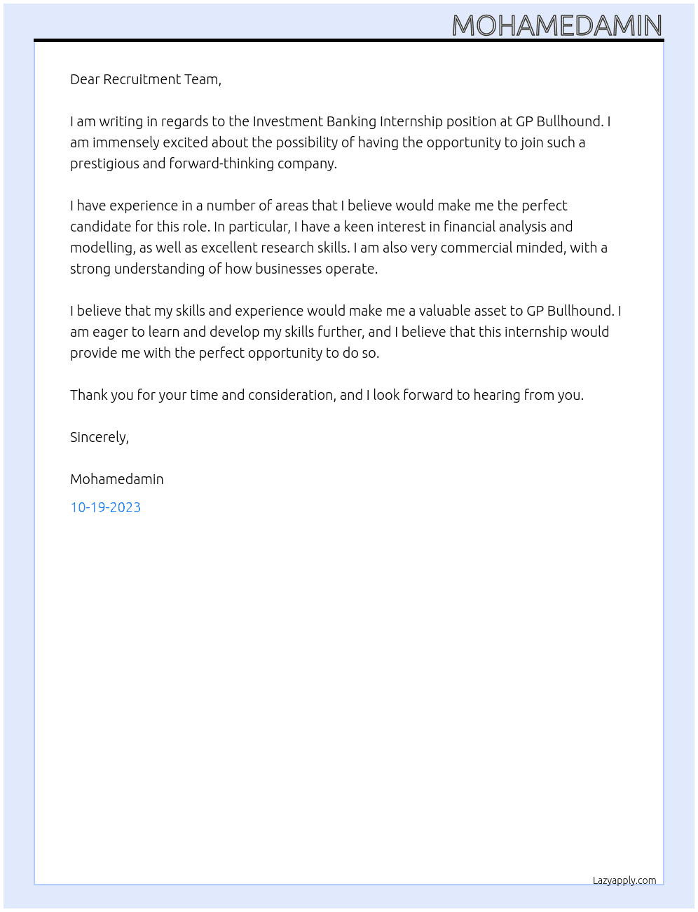 Investment Banking Internship At GP Bullhound Cover Letter