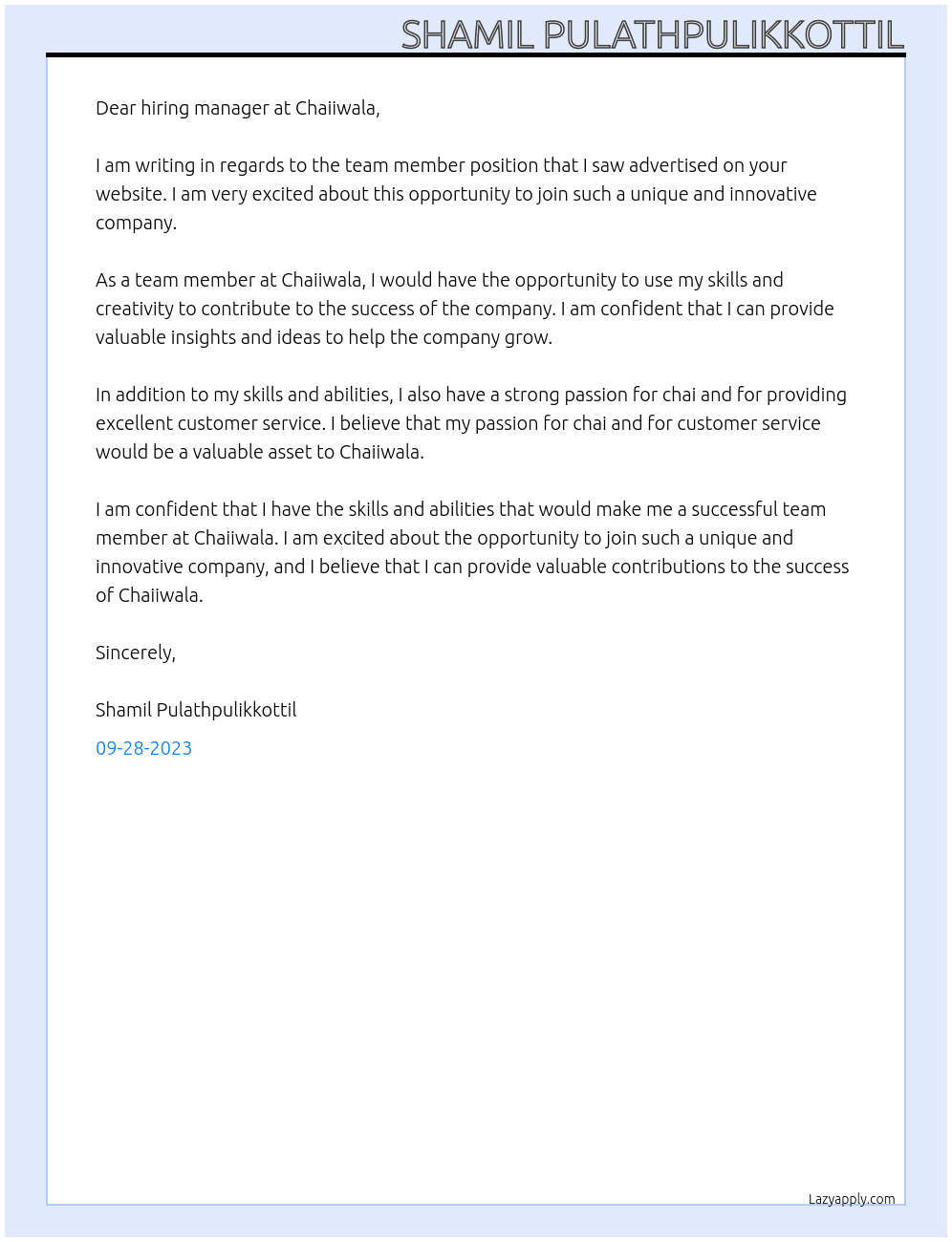 Team Member At Chaiiwala Cover Letter