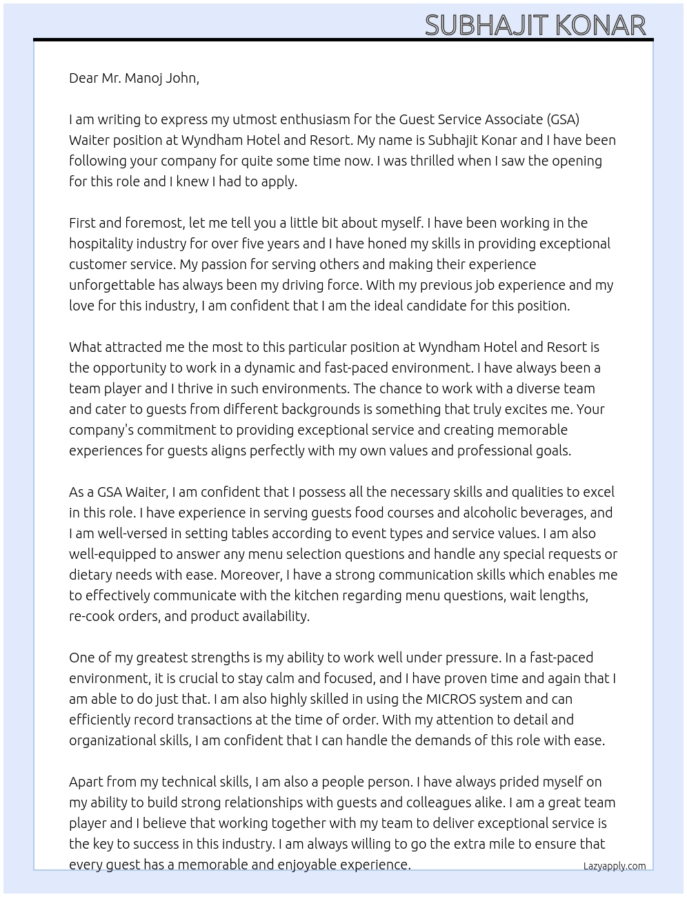Guest sarvice associate GSA waiter  At Wyndham hotel and resort  Cover Letter