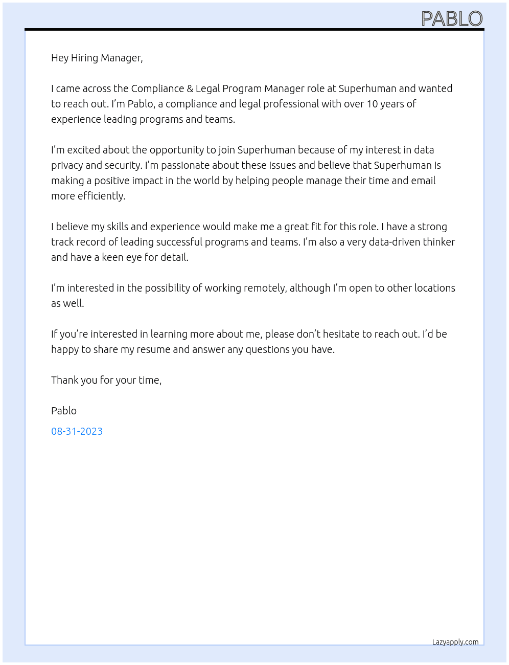 Compliance & Legal Program Manager At Superhuman Cover Letter