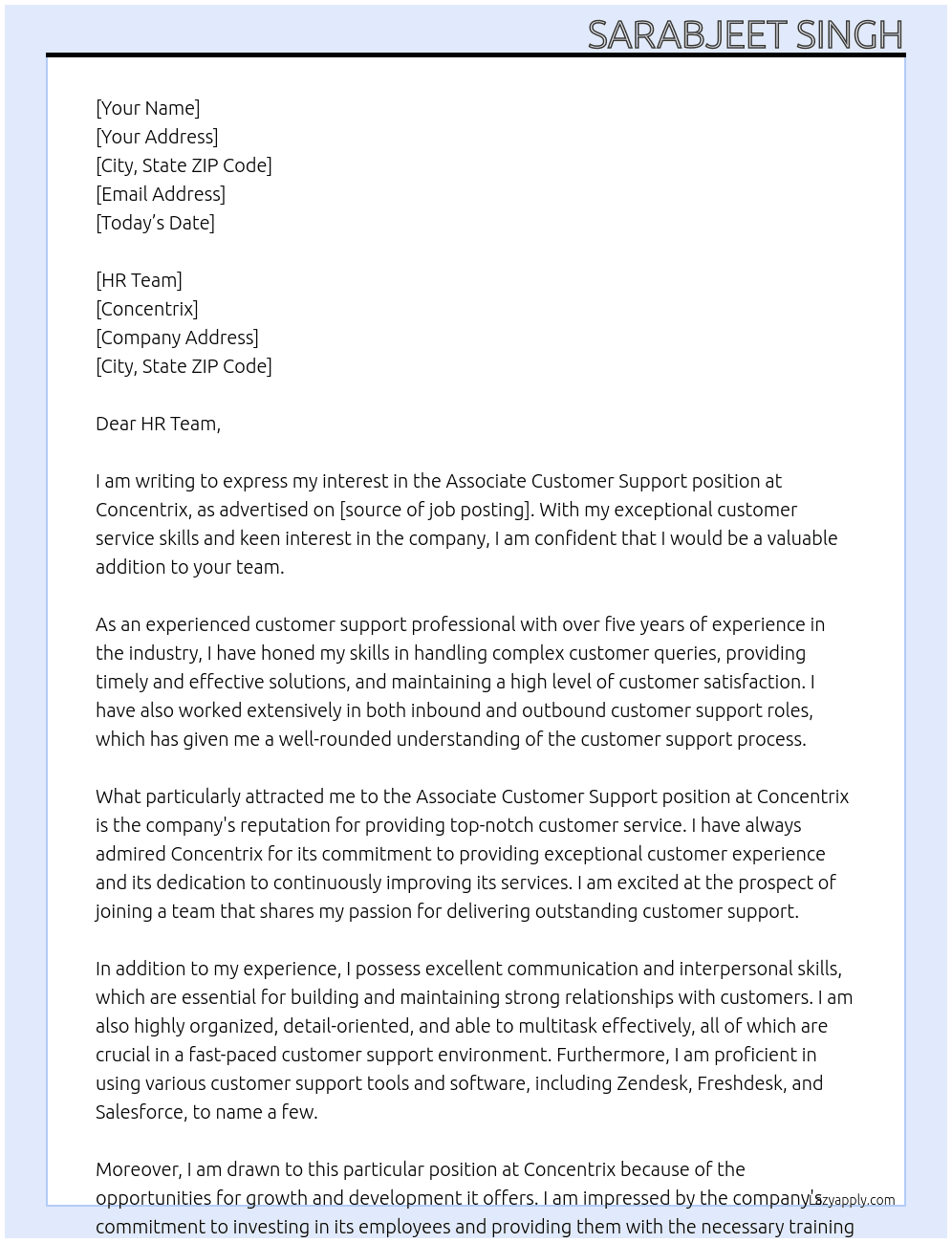 Associate customer support At Concentrix Cover Letter