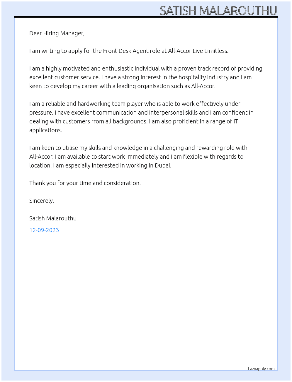 Front Desk Agent At All-Accor Live Limitless Cover Letter
