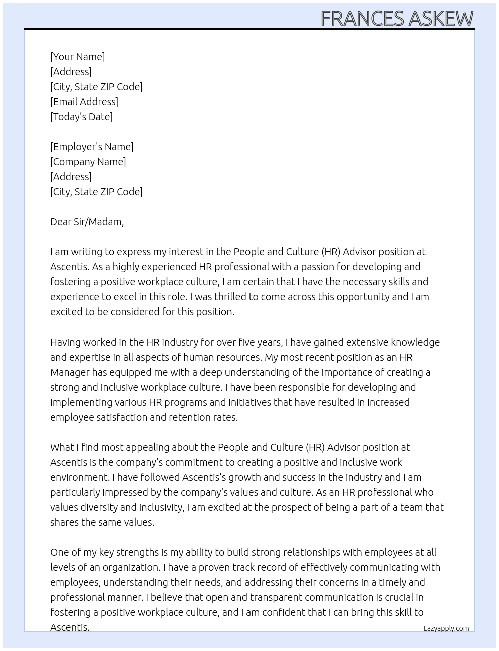 People and Culture (HR) Advisor At Ascentis Cover Letter