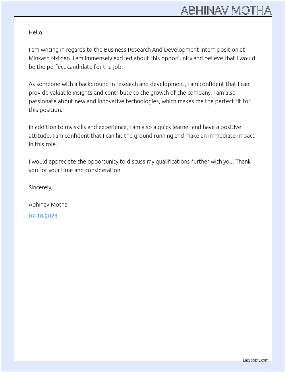 Business Research And Development Intern At Minkash Nxtgen Cover Letter