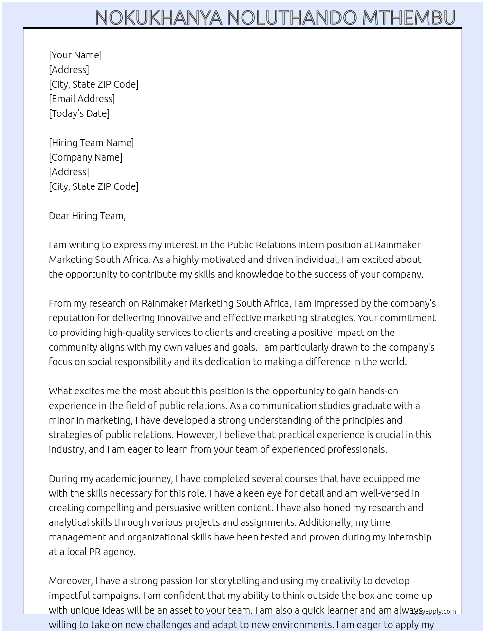 Public Relations Intern At Rainmaker Marketing South Africa  Cover Letter