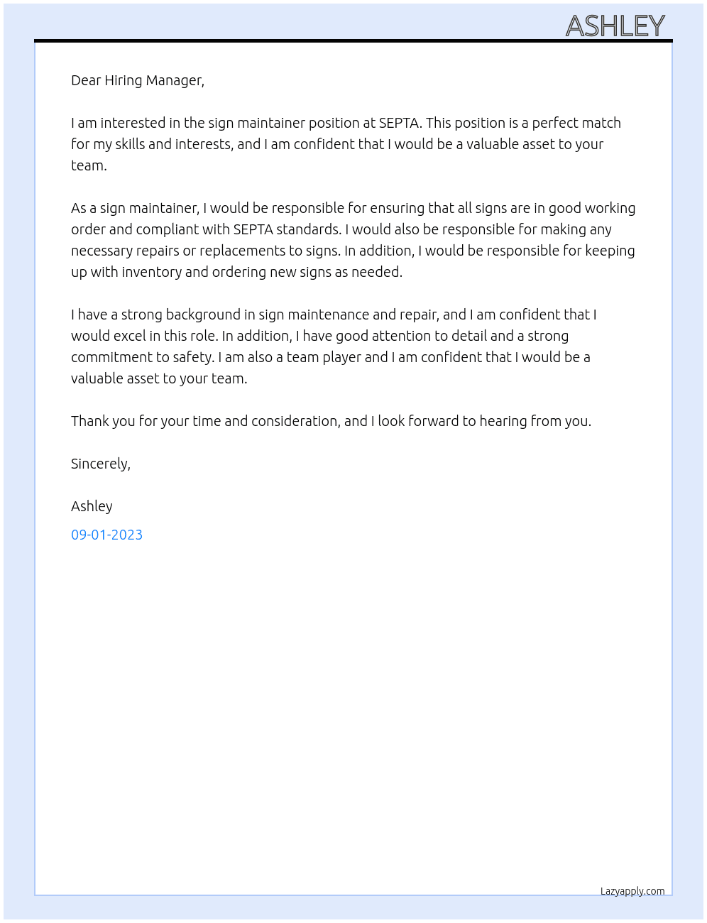 sign maintainer  At SEPTA Cover Letter