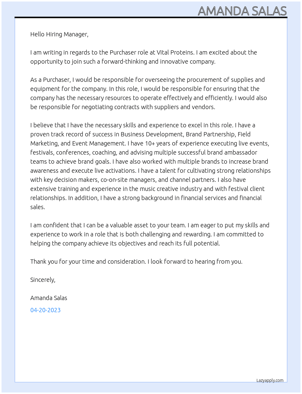 Purchaser  At Vital Protiens  Cover Letter