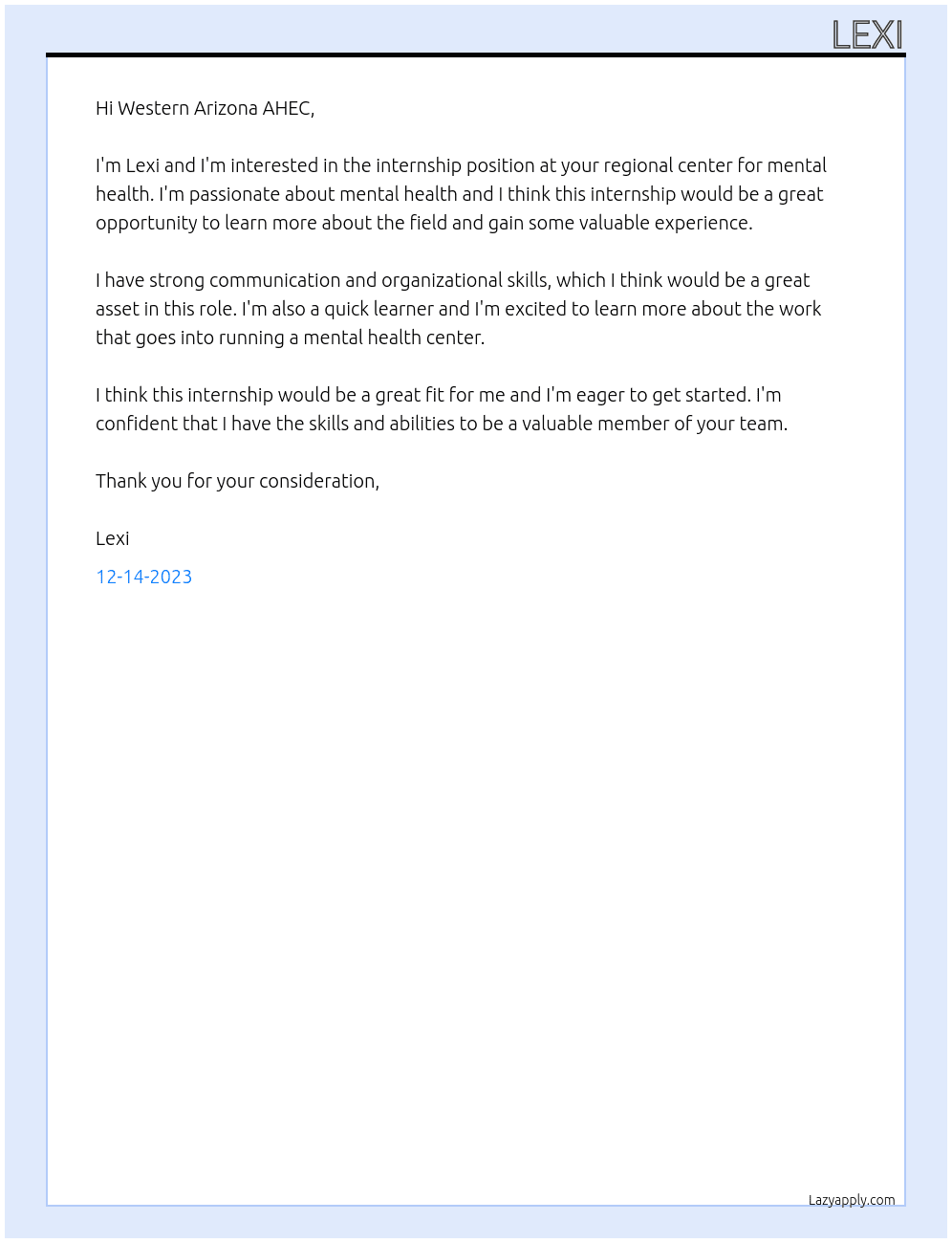 internship At regional center for mental health Cover Letter