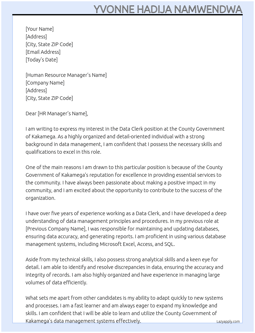 Data clerk At County Government of Kakamega Cover Letter