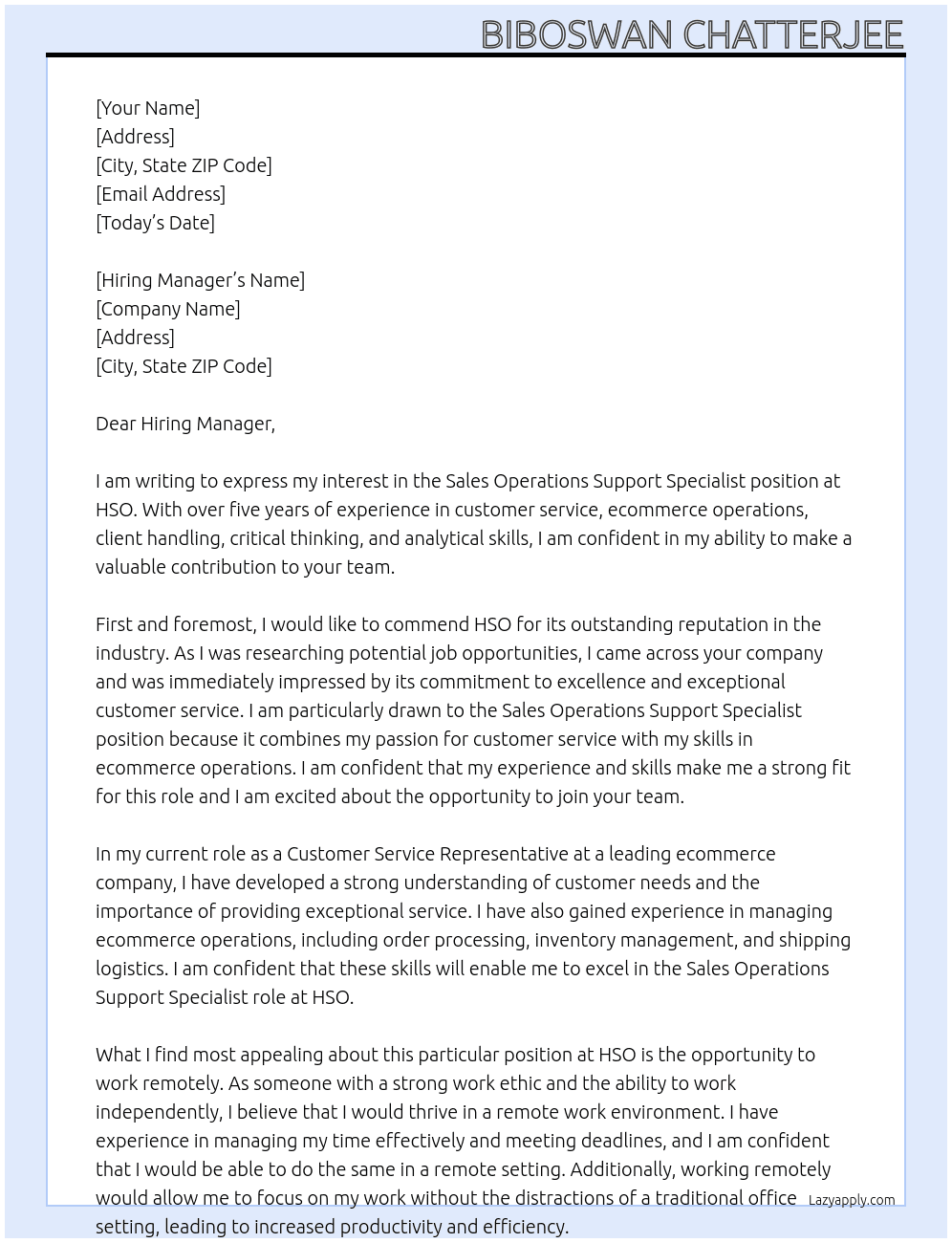 Sales Operations Support Specialist At HSO Cover Letter