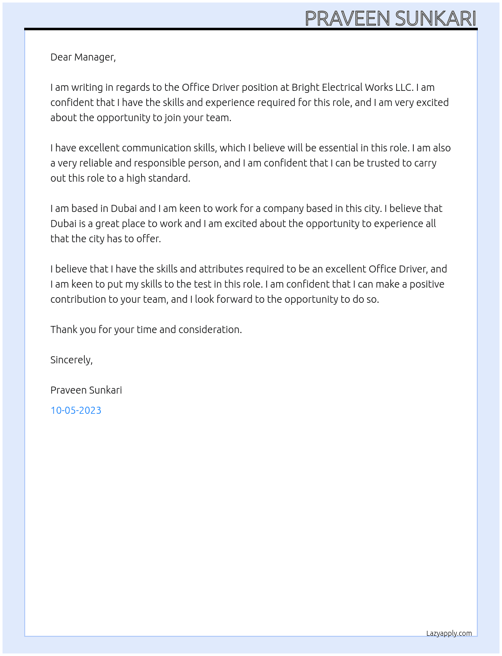 Office Driver  At Bright Electrical Works LLC Cover Letter