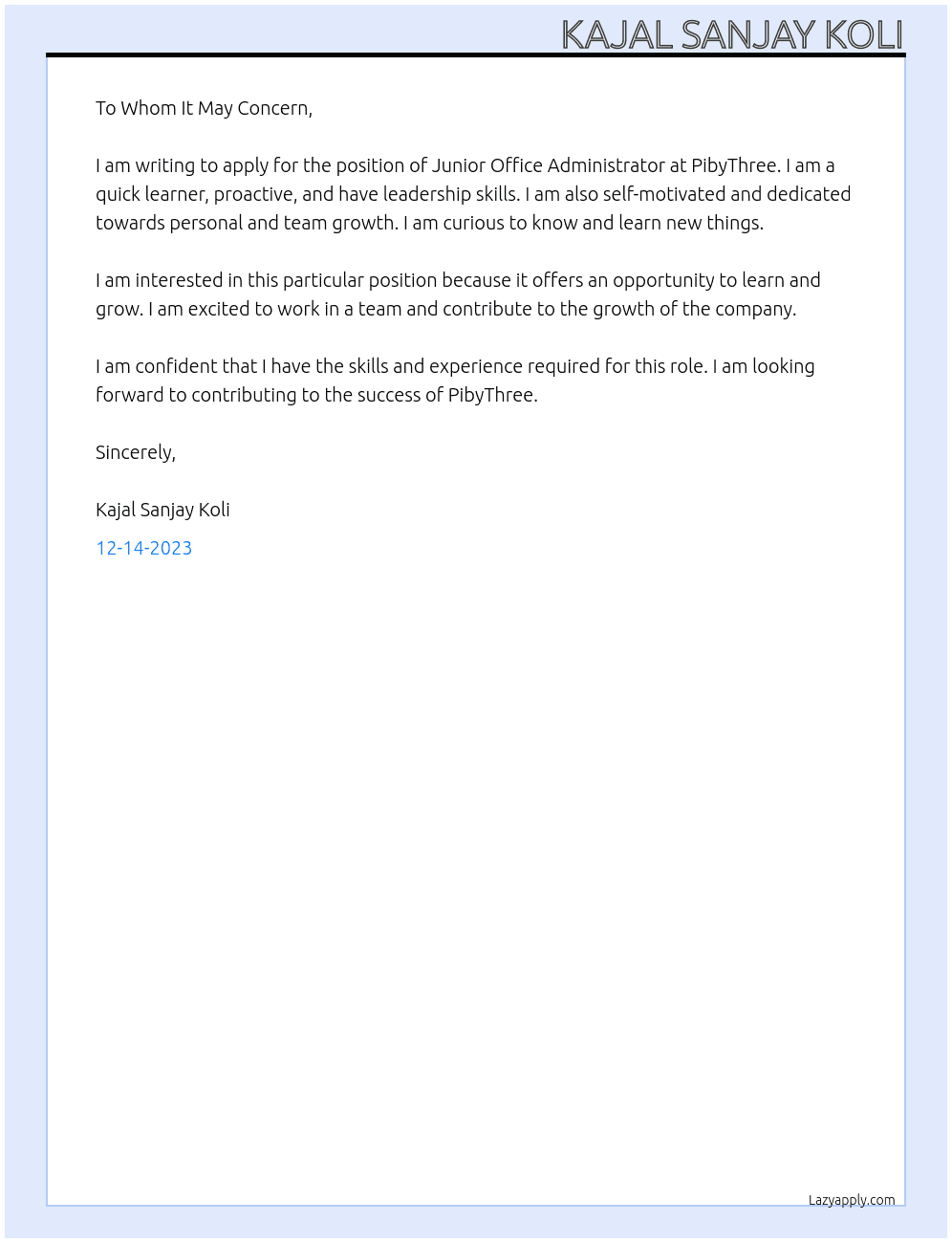 Junior Office Administrator At PibyThree Cover Letter