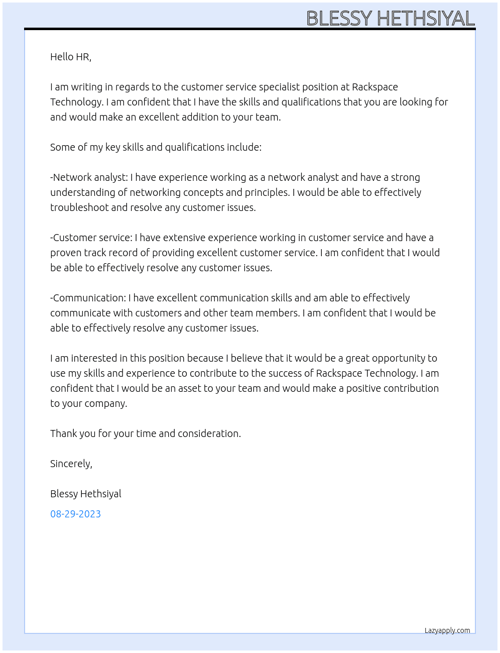 Customer service specialist  At Rackspace Technology  Cover Letter