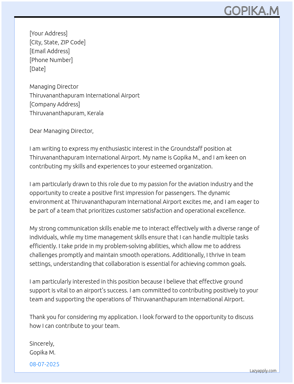 Groundstaff At Thiruvananthapuram International Airport Cover Letter