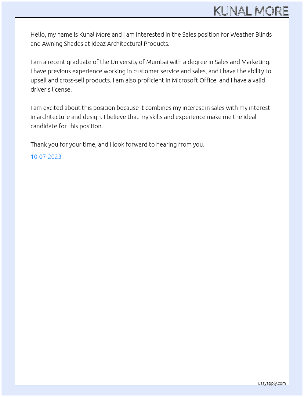 SALE WEATHER BLINDS AND AWANING SHADES At IDEAZ ARCHITECTURAL PRODUCTS Cover Letter