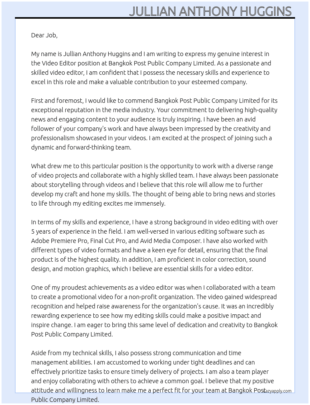 Video editor  At Bangkok Post Public Company Limited Cover Letter