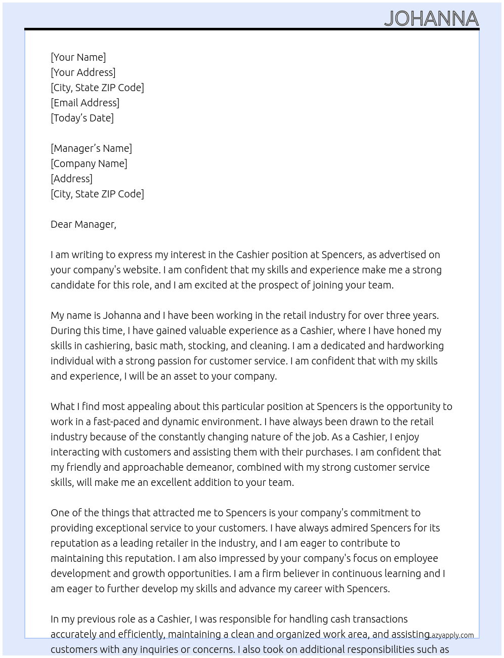 Cashier  At Spencers  Cover Letter
