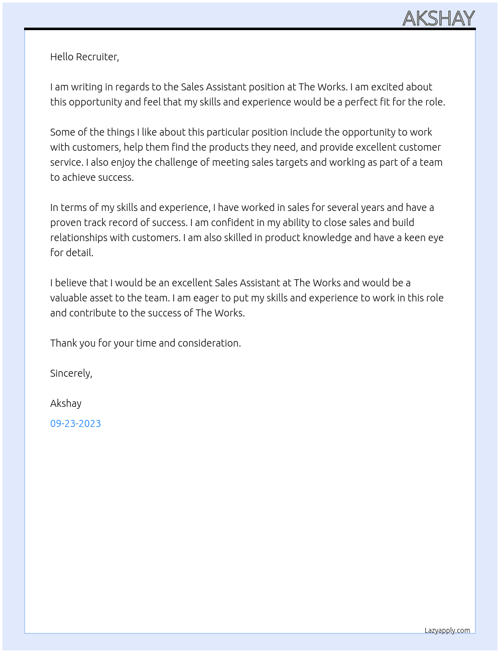 Sales assistant At The works Cover Letter