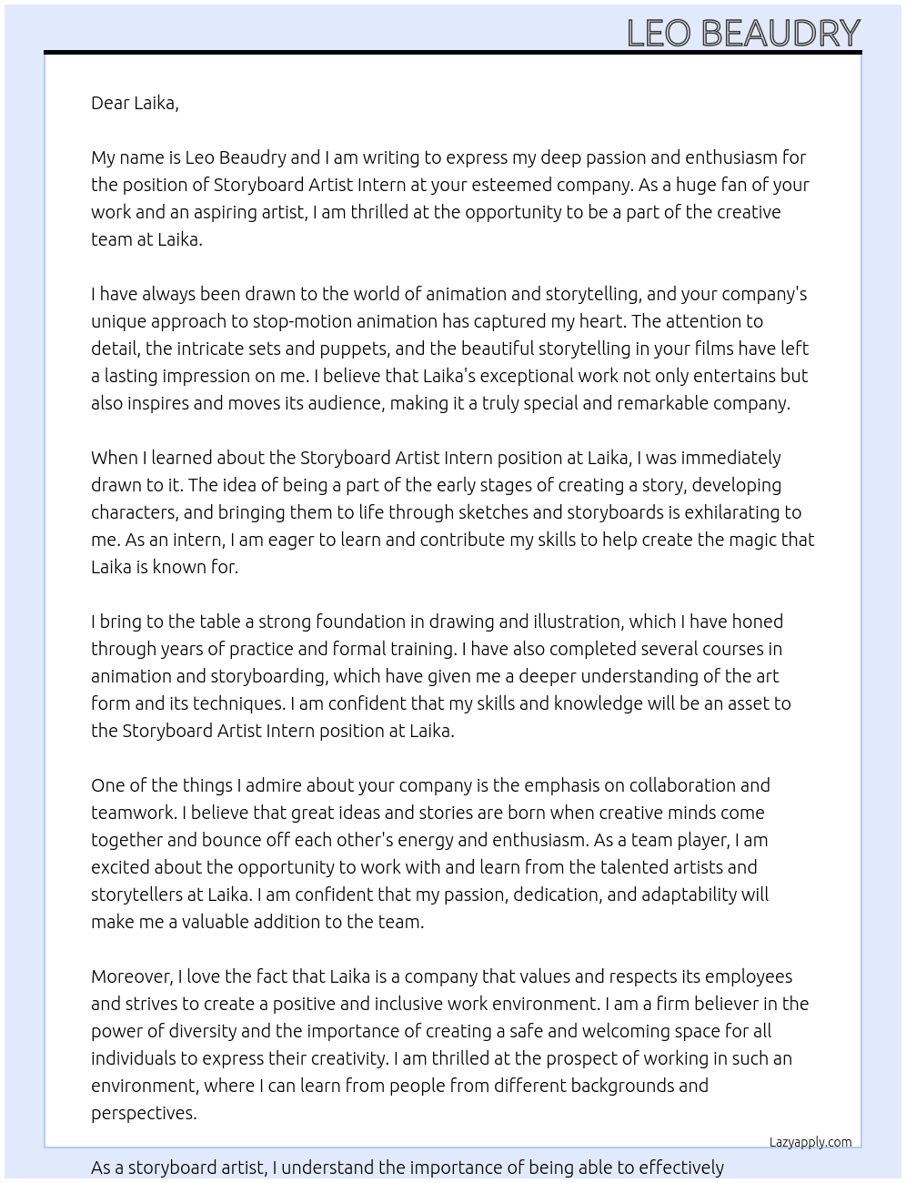 STORYBOARD ARTIST INTERN At Laika Cover Letter