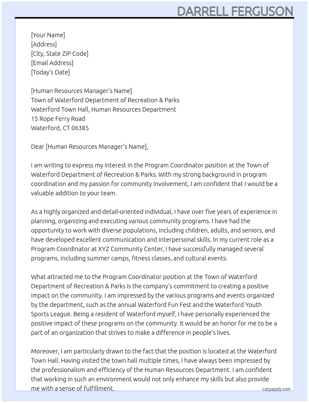 program coordinator At Town of Waterford Department of Recreation & Parks Cover Letter
