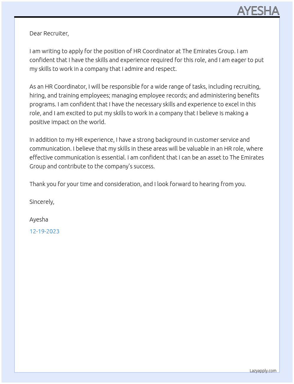 HR Coordinator At The Emirates Group Cover Letter