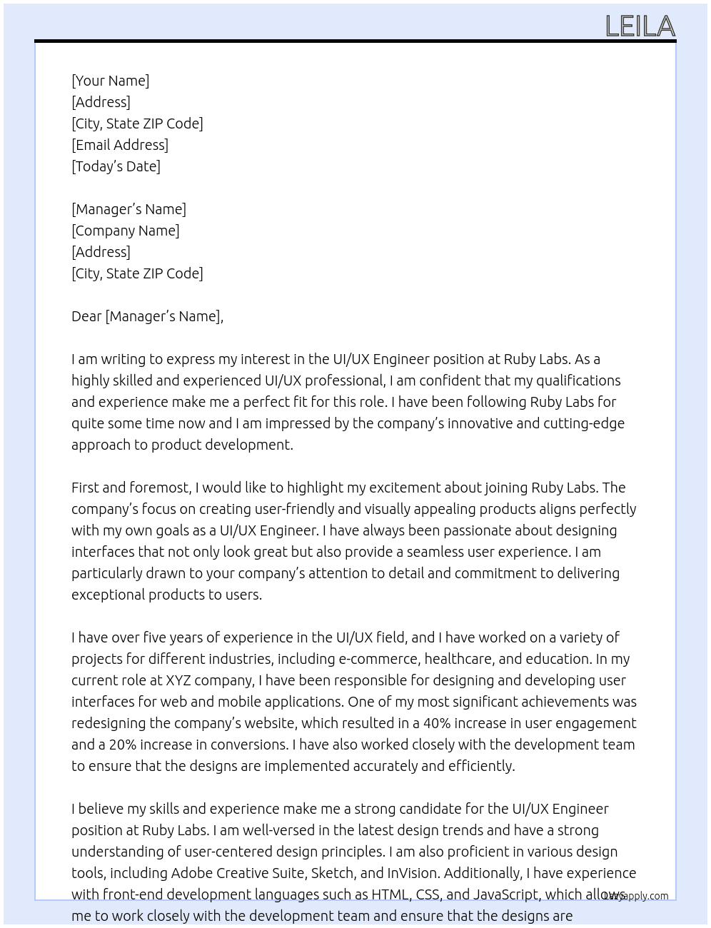 UI/UX Engineer At Ruby Labs Cover Letter