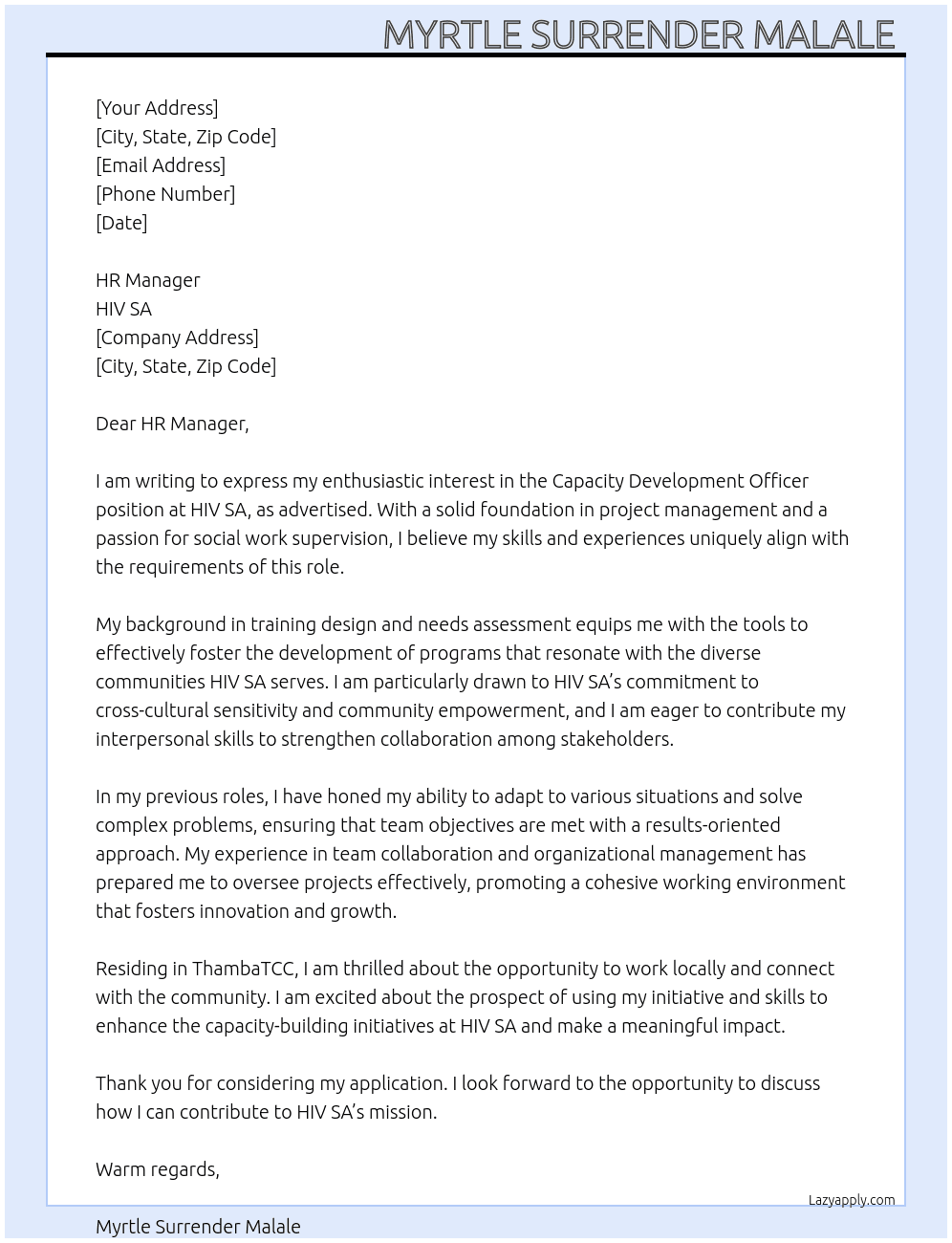 Capacity development officer  At HIV SA Cover Letter