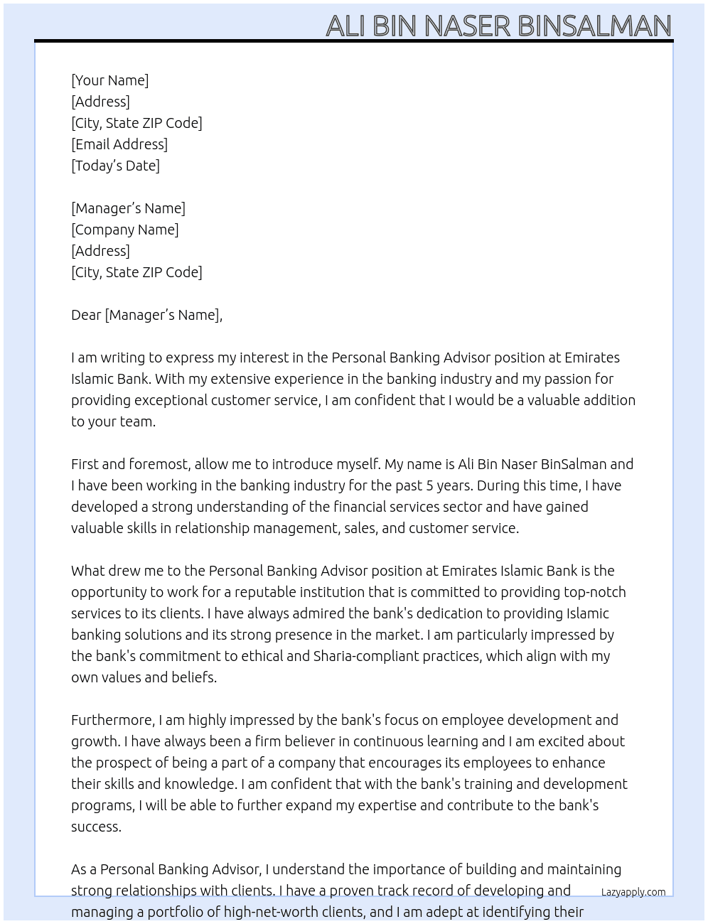 Personal Banking Advisor At Emirates Islamic Bank Cover Letter