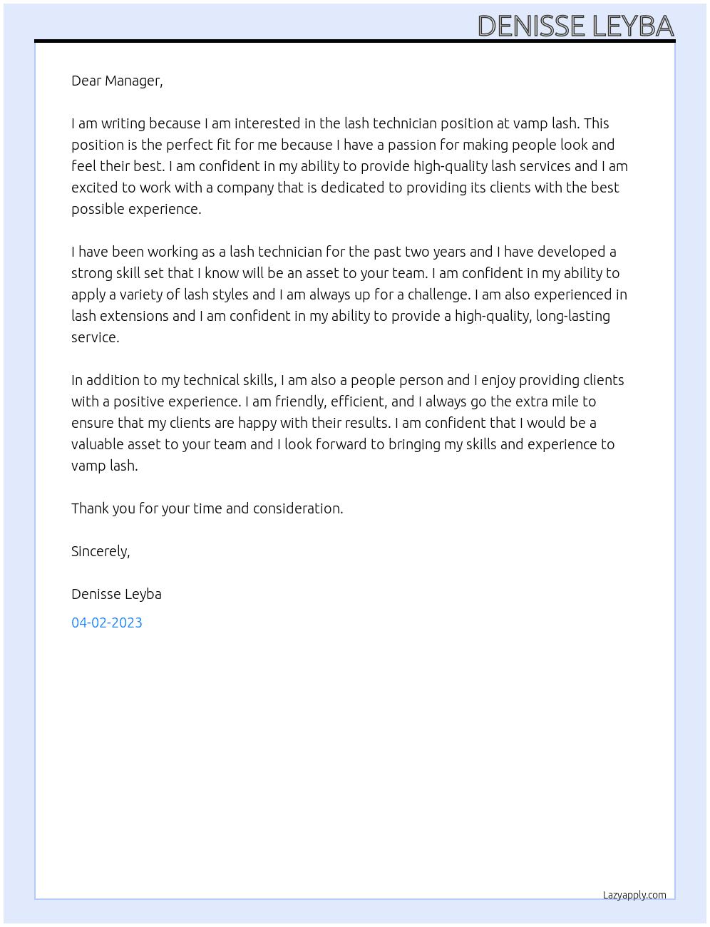 lash technician At vamp lash Cover Letter