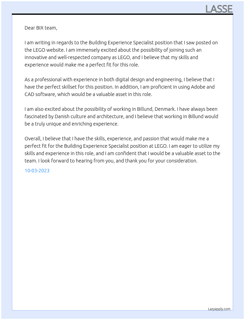 Building Experience Specialist At LEGO Cover Letter