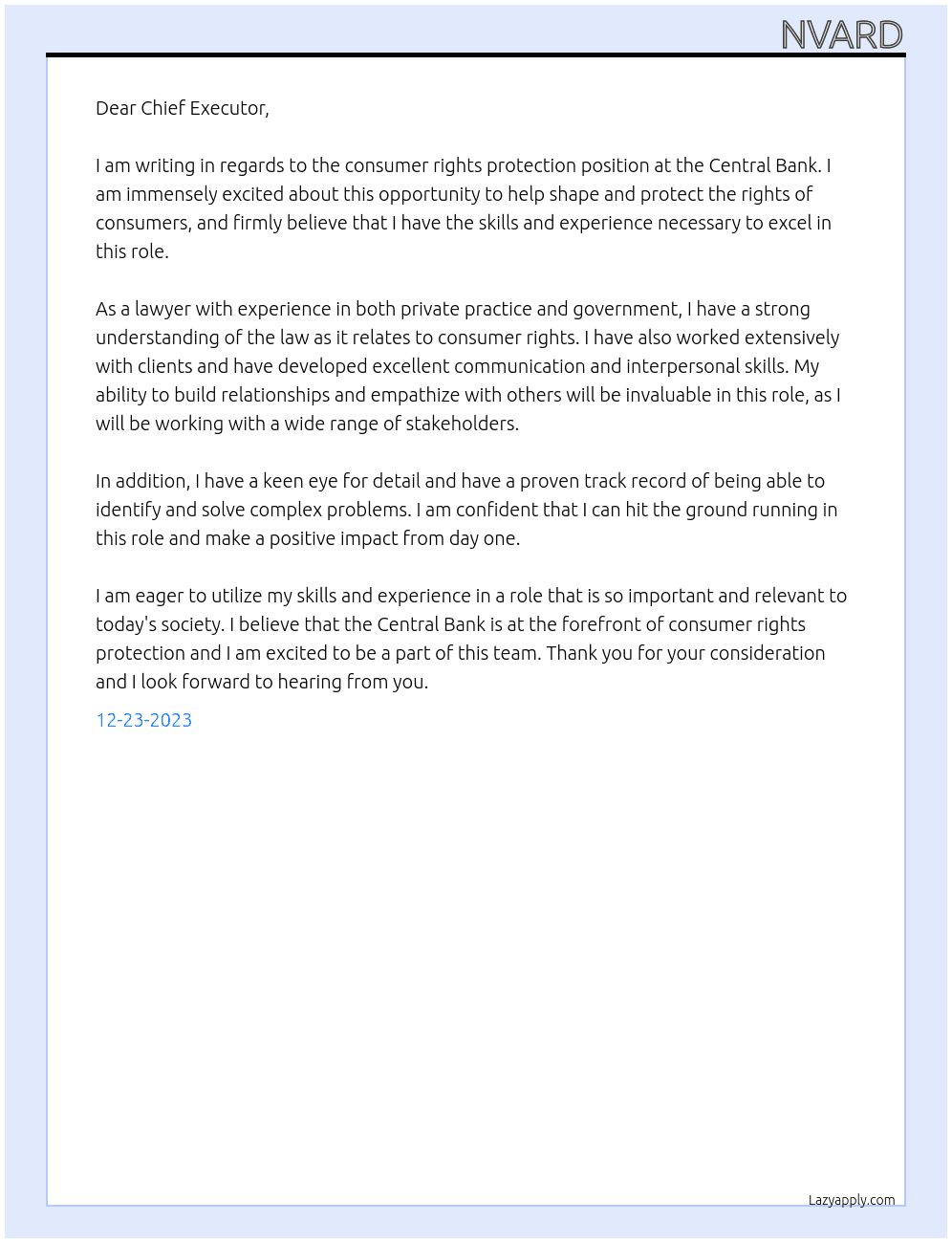 consumer rights protection At central bank  Cover Letter