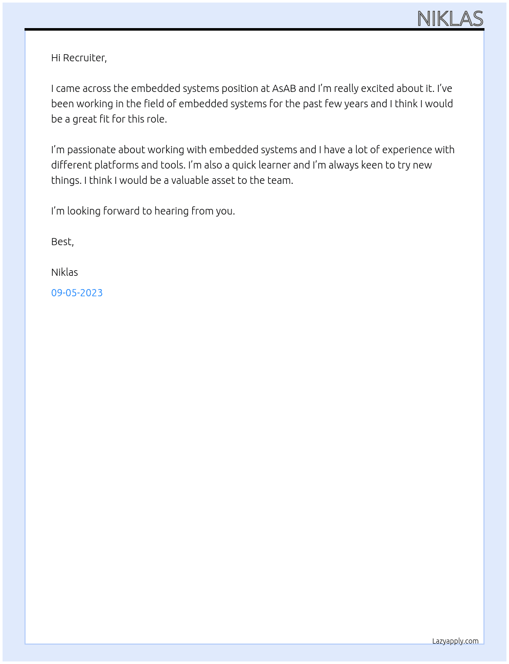 Embedded Systems At AsAB Cover Letter