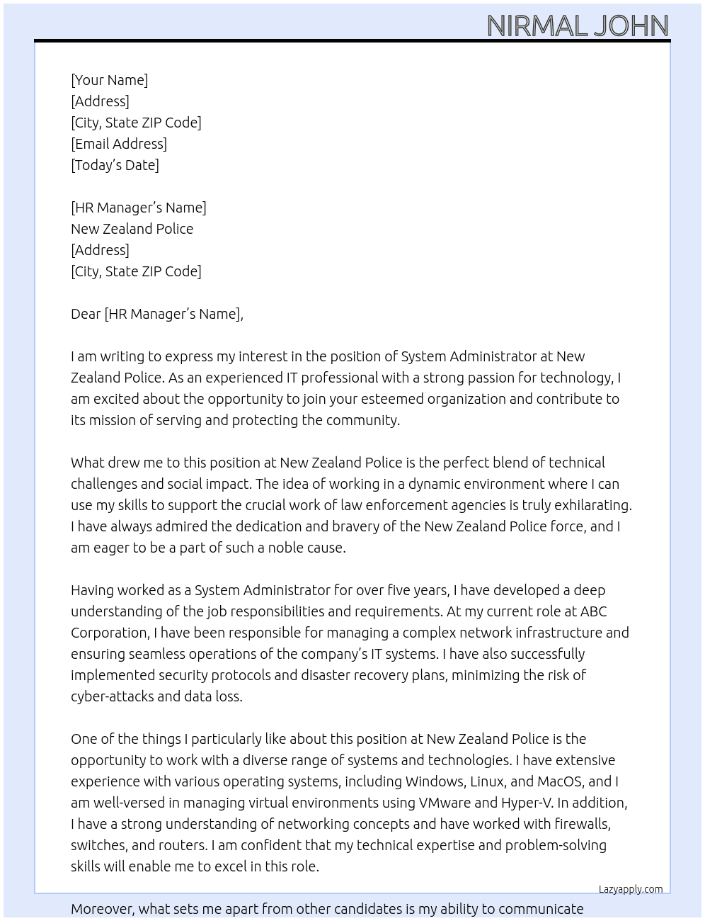 system administrator At New Zealand police Cover Letter