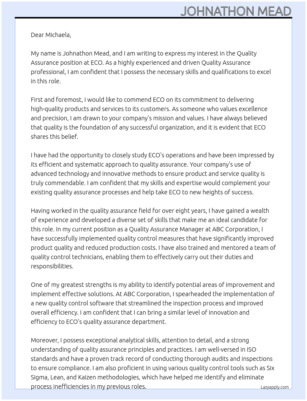 Quality Assurance At ECO Cover Letter