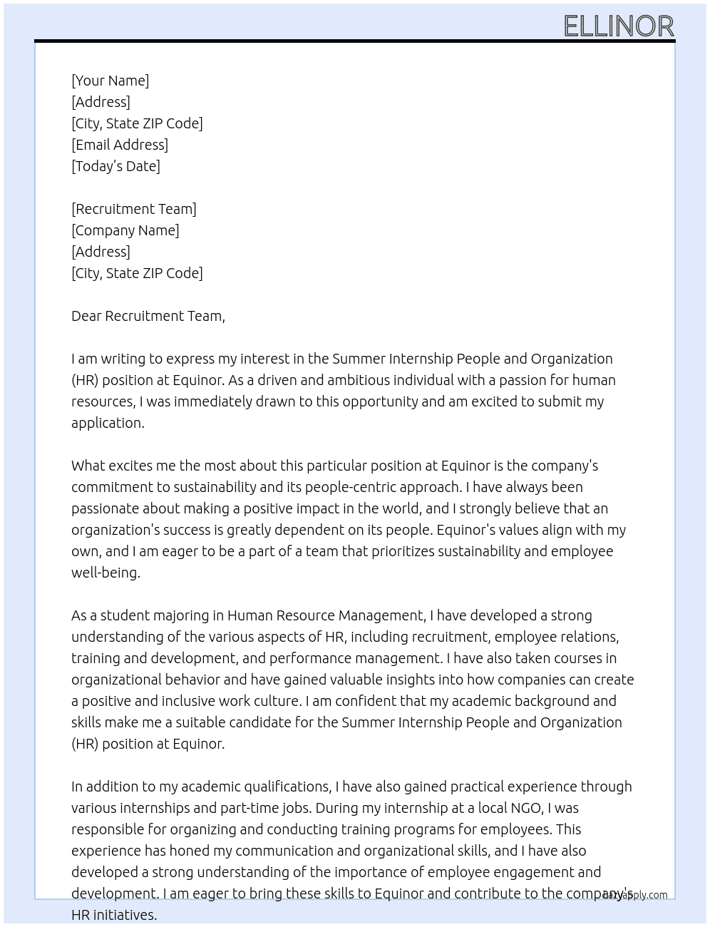 Summer Internship People and Organization (HR) At Equinor Cover Letter