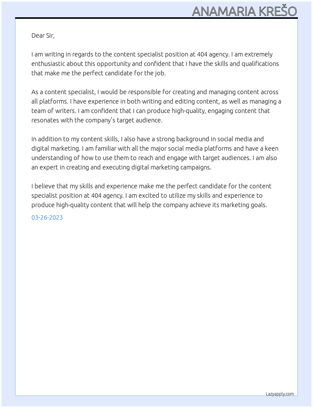 content spcialist At 404 agency Cover Letter