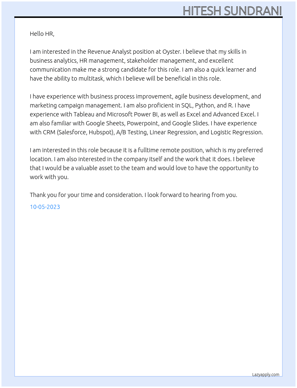 Revenue Analyst At Oyster Cover Letter