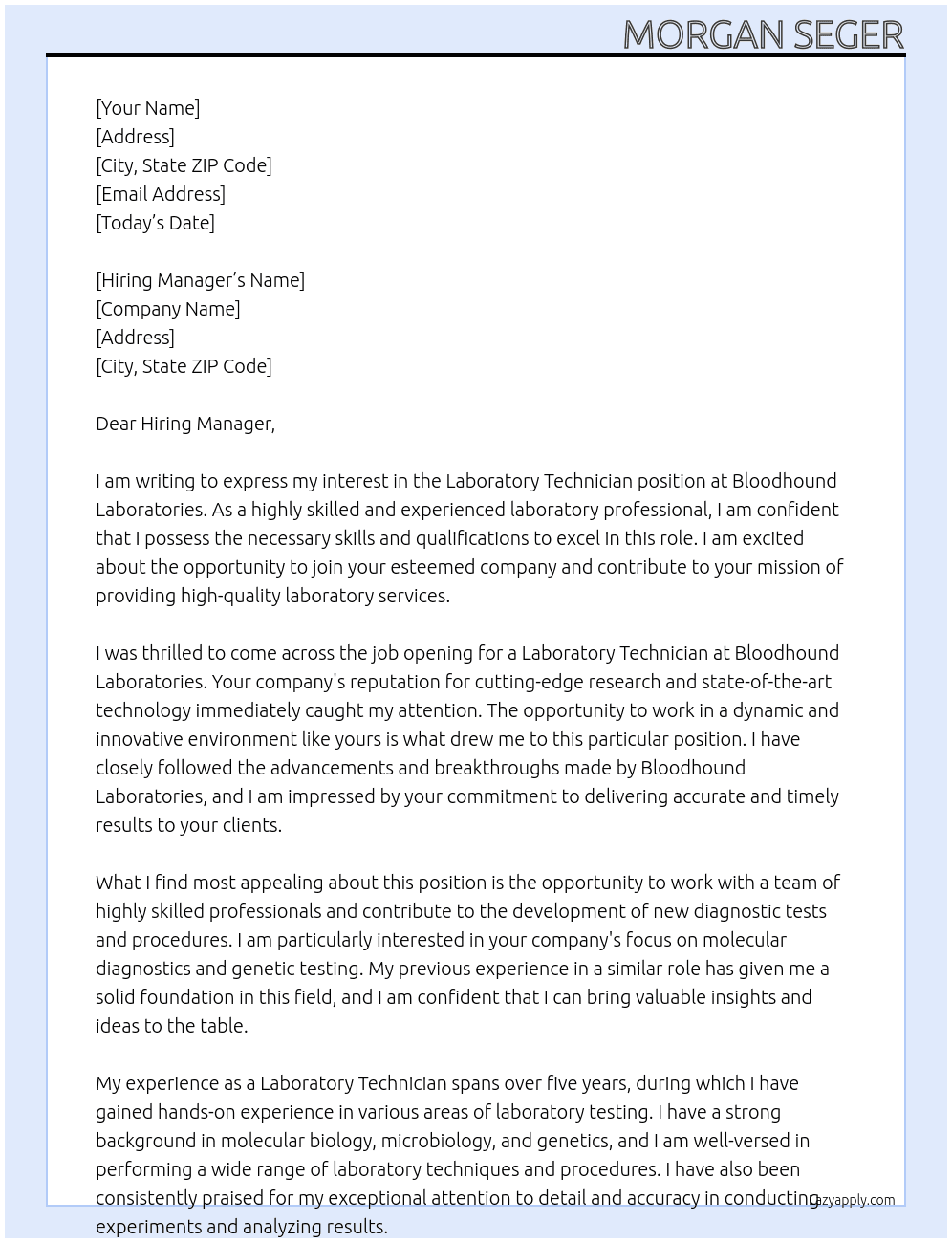 Laboratory Technician At Bloodhound Laboratories Cover Letter