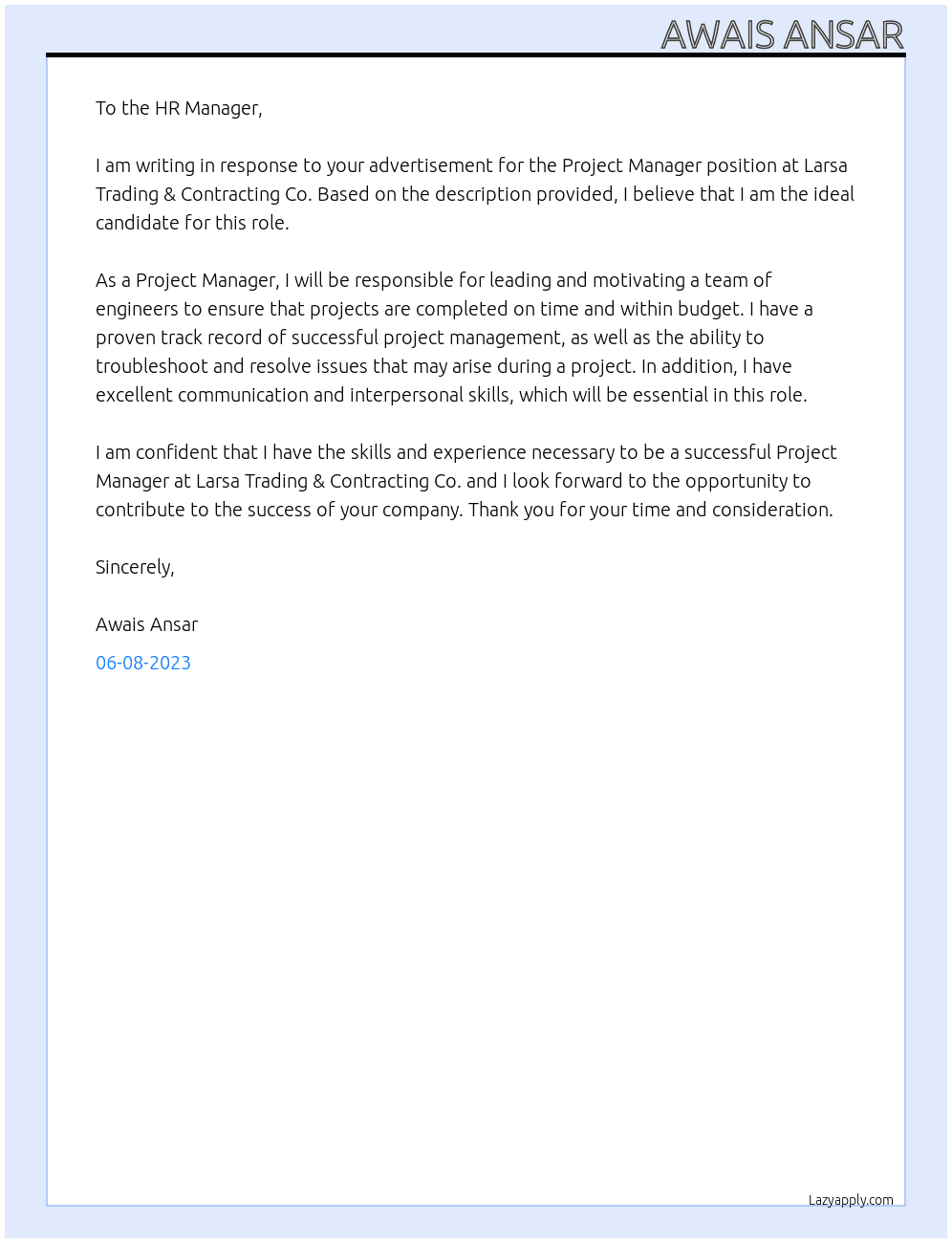 PROJECT MANAGER At Larsa Trading & Contracting Co. Cover Letter