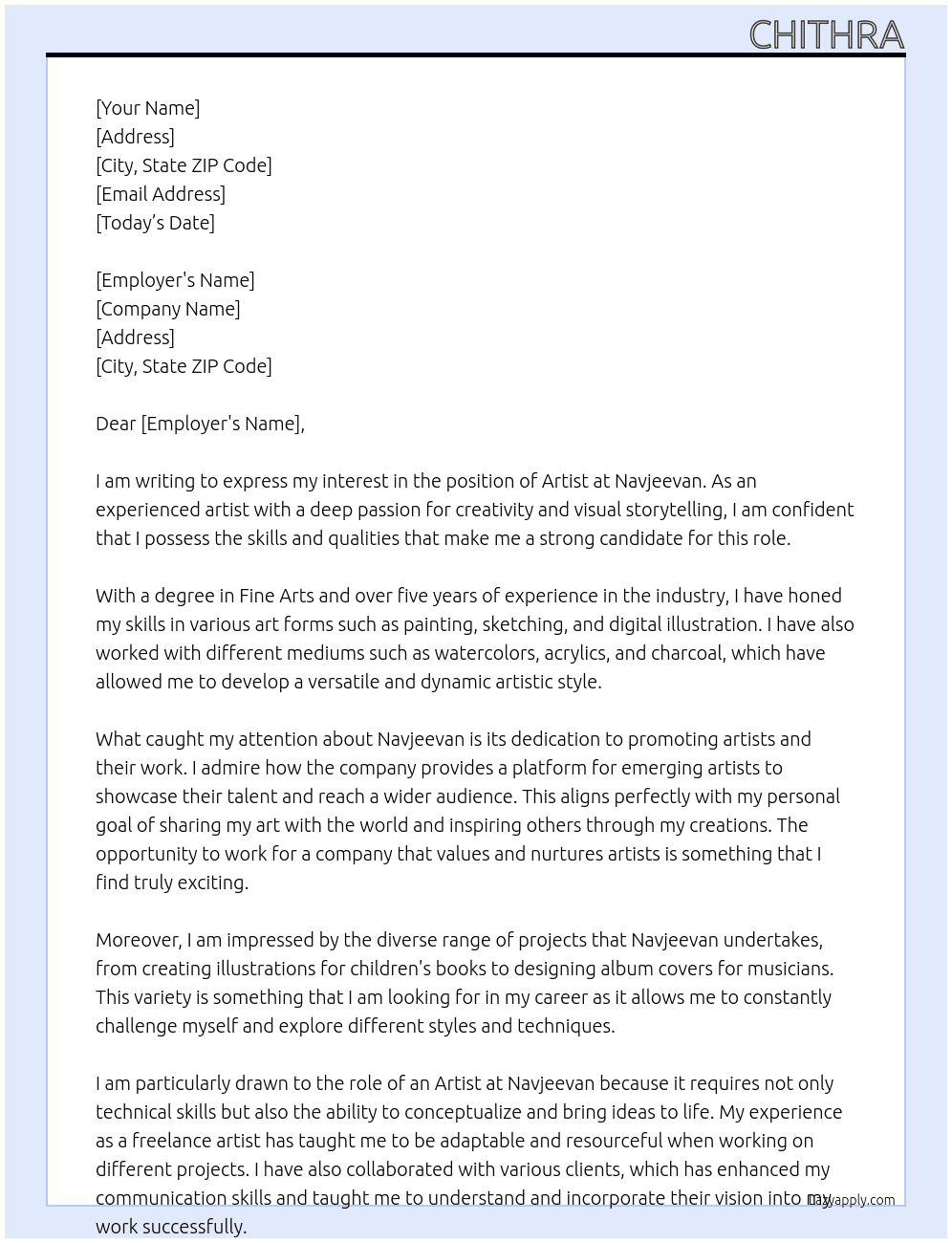 Artist At Navjeevan  Cover Letter