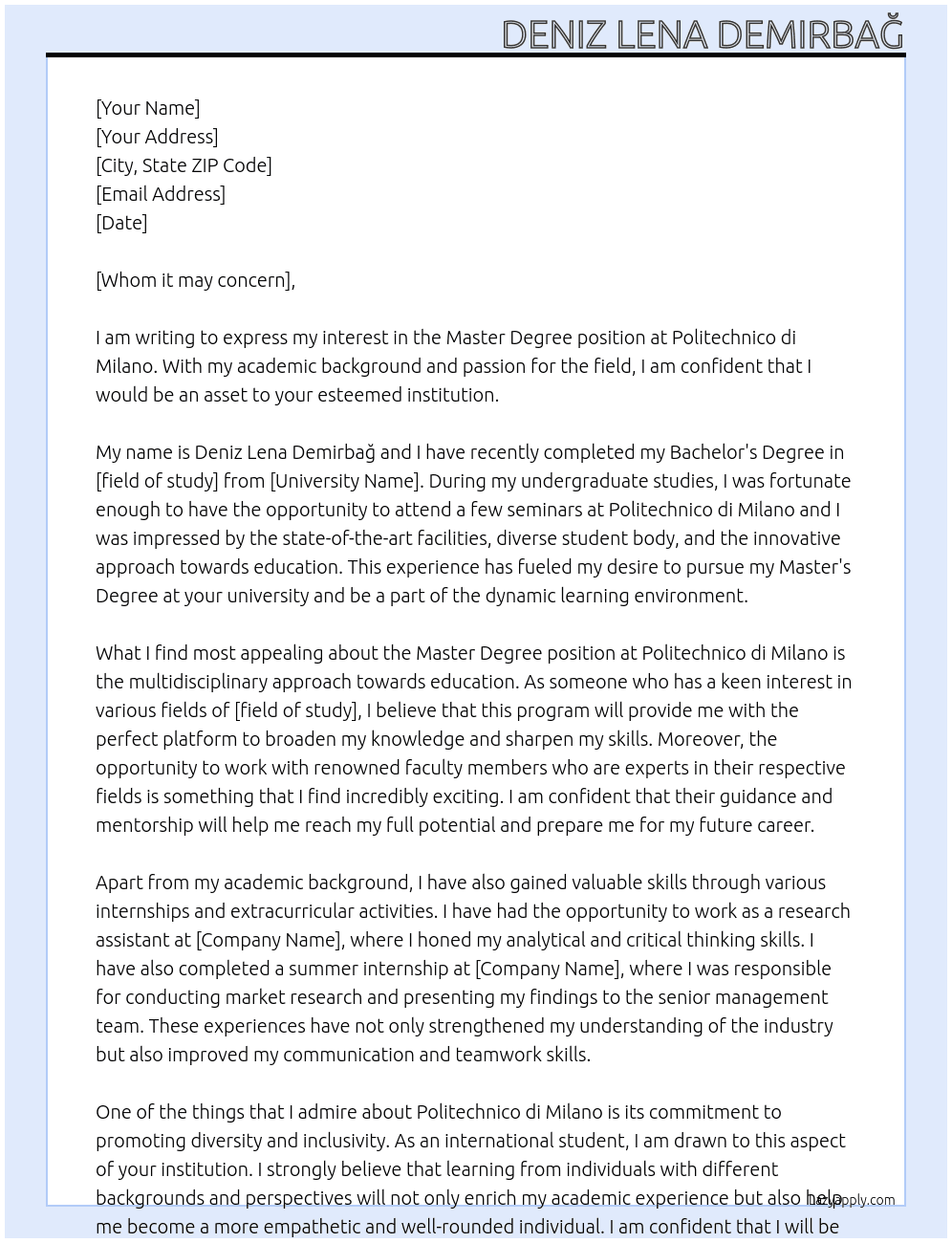 Master Degree At Politechnico di Milano  Cover Letter
