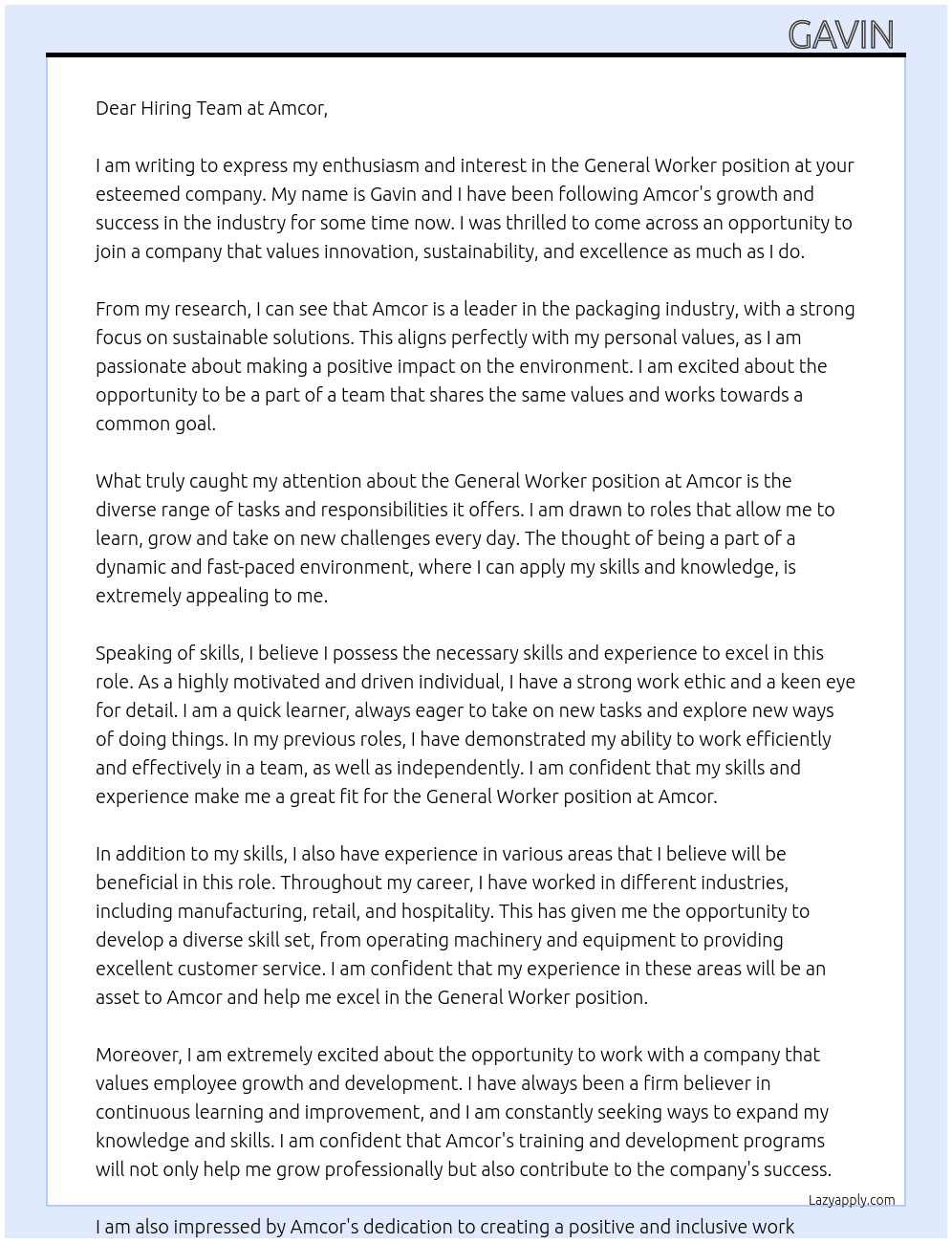 General Worker At Amcor Cover Letter