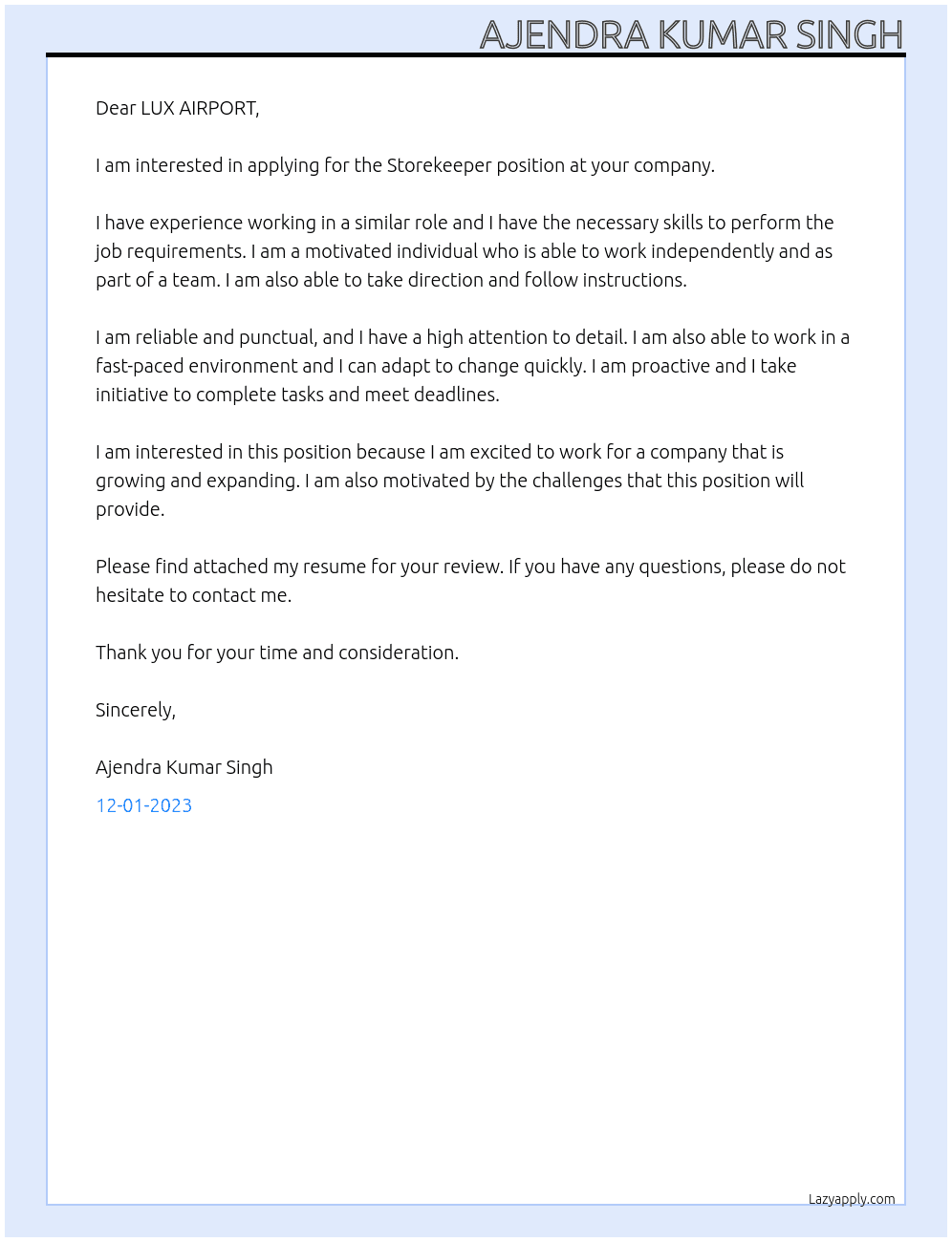 STOREKEEPER At LUX AIRPORT Cover Letter