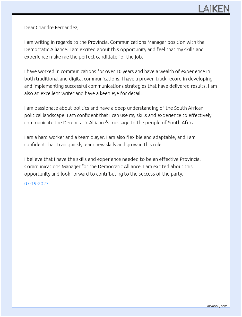 Provincial Communications Manager At Democratic Alliance  Cover Letter