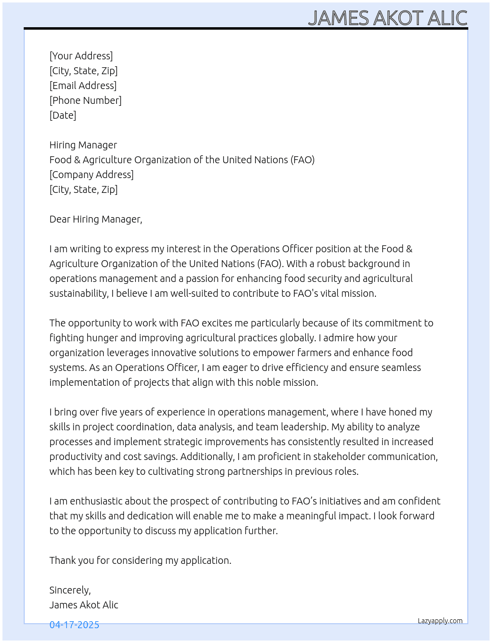Operations Officer  At Food & Agriculture Organization of the United Nation-FAO Cover Letter